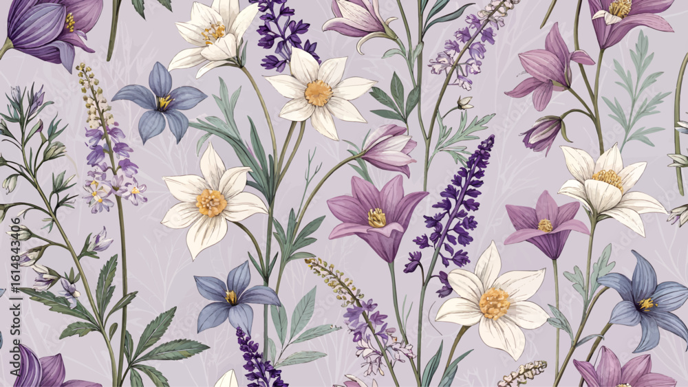Naklejka premium Seamless floral pattern, high resolution Alpine Flower pattern, pastel purple background, designed for printing on fabric or fashion.
