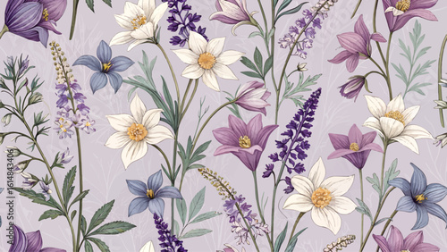Seamless floral pattern, high resolution Alpine Flower pattern, pastel purple background, designed for printing on fabric or fashion.