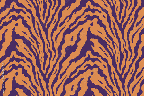 Tiger animal print seamless vector pattern in purple and orange stripes.