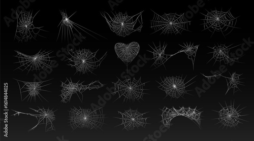 Halloween old spooky cobweb with various sizes and shapes. Old spider web set vector illustration dark gothic decoration for holidays. Corner spider net insect thread cobweb scary frames.