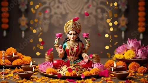 Golden Lakshmi Statue Surrounded By Floral Decorations and Lit Candles during Diwali Festival