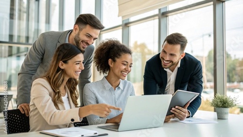 happy diverse business team collaborating laptop