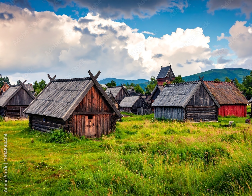 Rustic wooden houses in a Scandinavian village Rustic wooden houses in a Scandinavian village