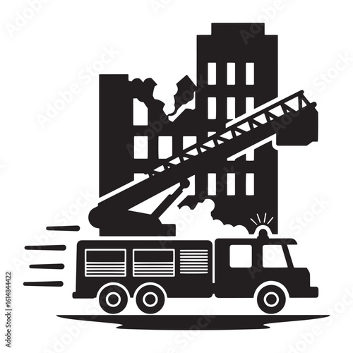 Fire truck responding to a building fire with ladder and emergency services illustration