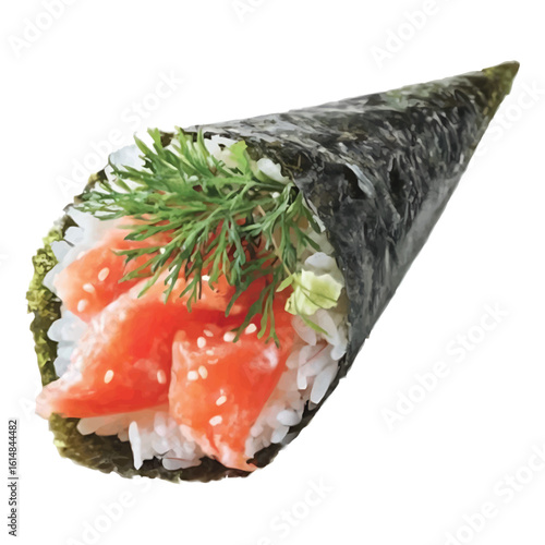 Watercolor sushi cone with salmon seaweed and dill on transparent background temaki hand roll