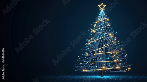 Futuristic digital Christmas tree with glowing circuits in a holiday tech theme, bright blue palette with silver and gold sparkles.
