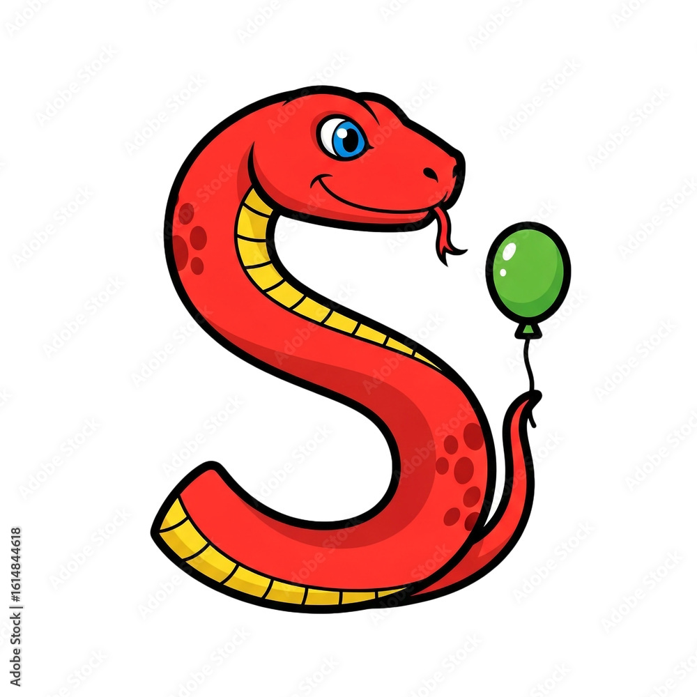 Naklejka premium A cheerful serpent shaped like the letter S holds a green balloon creating a playful and whimsical illustration.