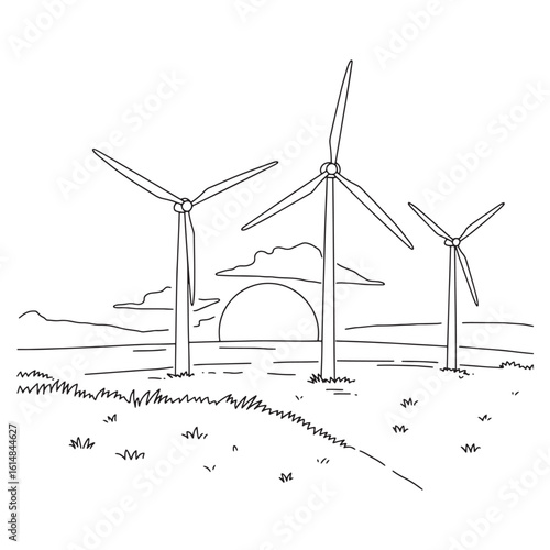 Hand drawn sketch of wind turbines generating power at sunset sustainable energy concept.