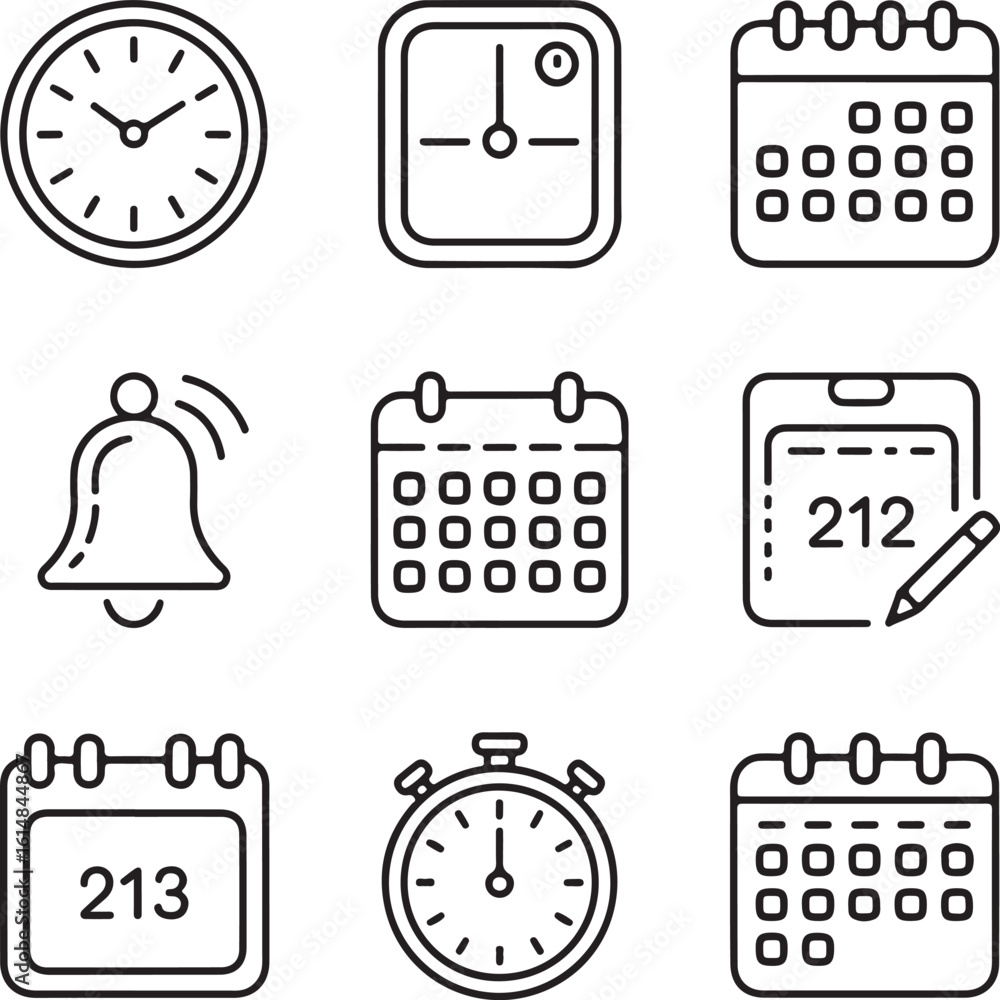 Time and Calendar Line Icons Set Clocks, Planners, Daily Schedules, and Event Reminders Vector Pack Time and Calendar Line Icons Set Clocks, Planners, Daily Schedules, and Event Reminders Vector Pack