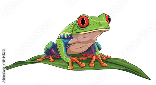 Vibrant Red-Eyed Tree Frog on Green Leaf Illustration Isolated on White