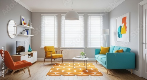 Bright Living Room Featuring Modern Furniture, Including a Turquoise Sofa, Yellow Armchair