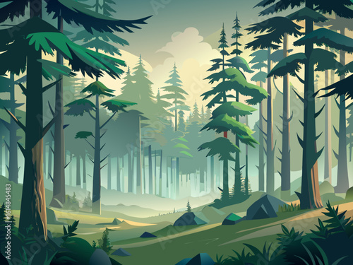 Tropical forest landscape background. Vector illustration in flat style.
