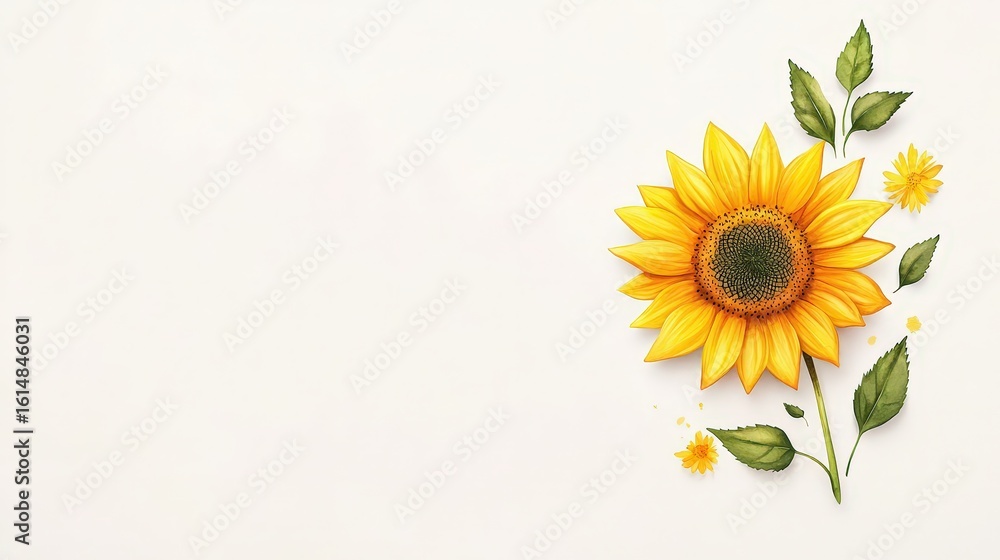 Obraz premium Minimalist watercolor sunflower with light, airy brush strokes and a clean white background, great for invitation templates or digital stationery design