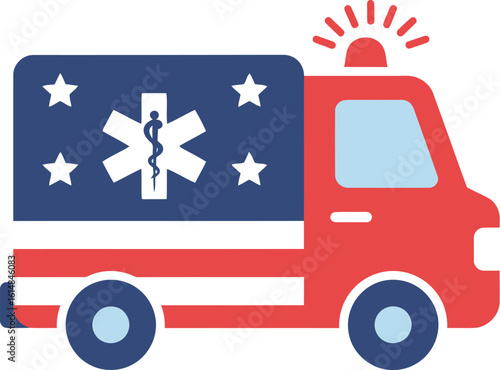 Red ambulance truck with american flag design