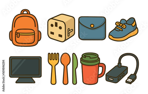 Digital Nomad Essentials. Flat vector mini-illustrations of digital nomad packing list in colors children's