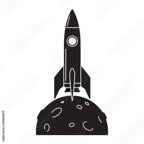 Silhouette of a rocket ship landing on the moon a simple illustration in black and white