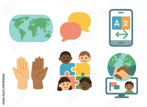 Global Communication Icons. Flat vector mini-illustrations Cross-cultural communication in business in colors