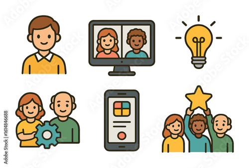 Teamwork Icons Grid. Flat vector mini-illustrations Multigenerational teams in colors children's illustrations