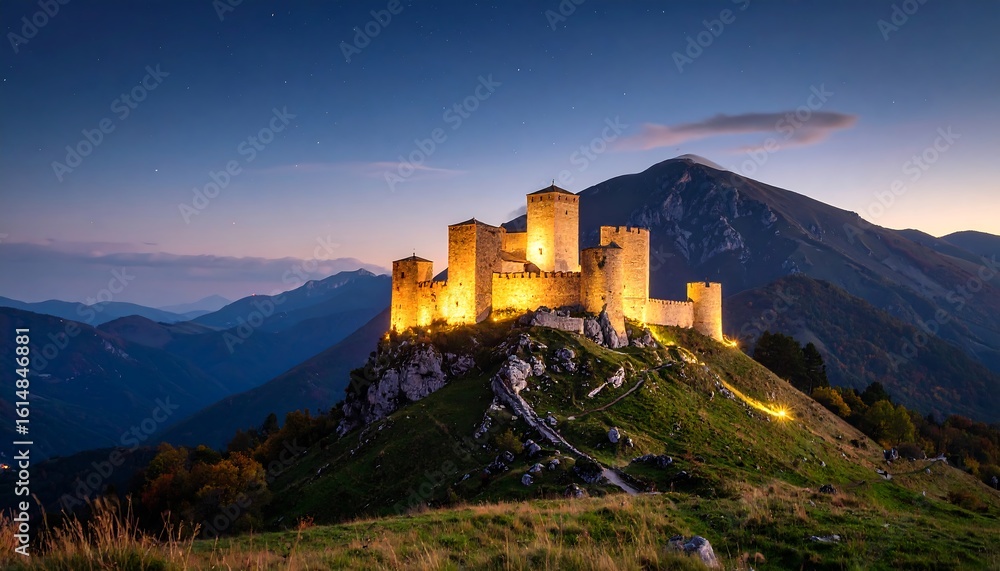 Obraz premium Illuminated mountaintop castle at twilight