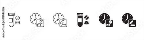 Medicine hours icon set. Drug medication schedule icon. Schedule and hours icon of drug, supplement, vitamin, pills, drug, remedy, therapy. Vector illustration.