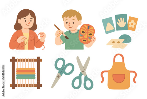 Folk Crafts for Kids. Flat vector mini-illustrations Children learning folk crafts in school in colors