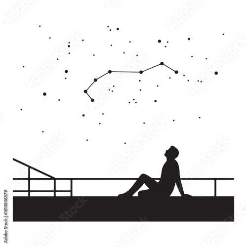 Silhouette of person gazing at scorpius constellation under starry night sky in black and white