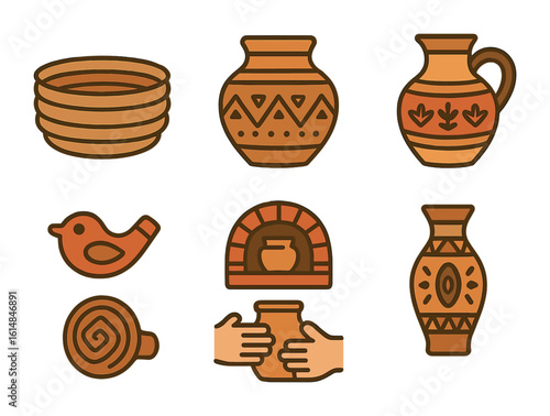 Indigenous Pottery Icons. Flat vector mini-illustrations Indigenous pottery and clay works in colors