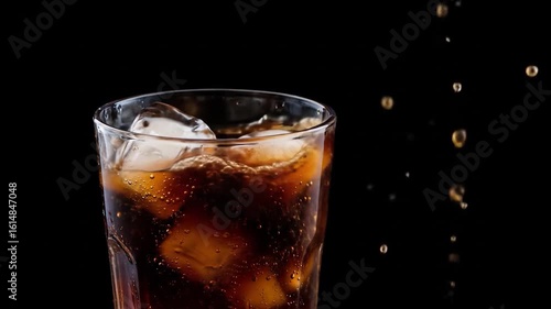Dynamic Refreshing Cola Splash: Ice Cubes Dropping into Carbonated Drink in Slow Motion on Black Background
