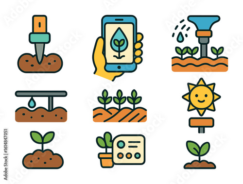 Smart Farm Icons. Flat vector mini-illustrations Smart irrigation for small farms in colors children's