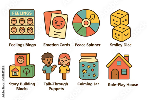 Kids Conflict Resolution Tools. Flat vector mini-illustrations conflict resolution games for kids in colors