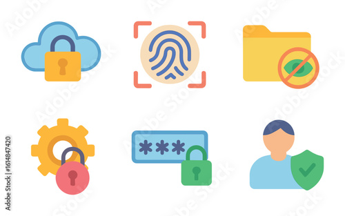 Data Privacy Icons. Flat vector mini-illustrations AI and data privacy in colors children's illustrations: