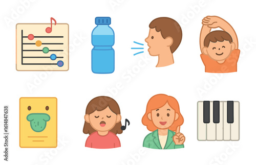 Vocal Training Icons. Flat vector mini-illustrations vocal warm-up and training in colors children's