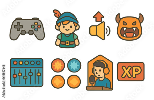 Gaming Icons Grid. Flat vector mini-illustrations video game narration and effects in colors children's