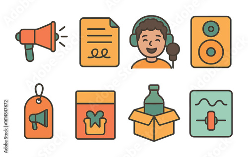 Voice Branding Icons. Flat vector mini-illustrations commercial voice-over recording in colors children's