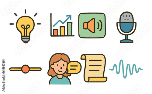 Colorful Audio Icons. Flat vector mini-illustrations explainer video narration in colors children's