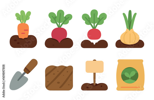 Children's Garden Icons. Flat vector mini-illustrations growing root vegetables in colors children's