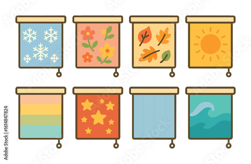 Seasonal Window Blinds. Flat vector mini-illustrations seasonal window blind themes in colors children's