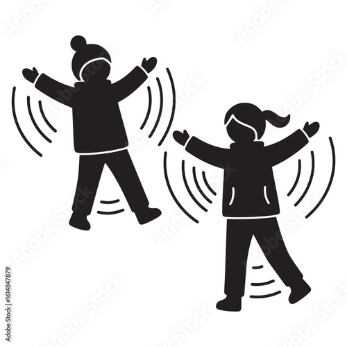 Two children silhouetted making snow angels in a winter wonderland on a white background