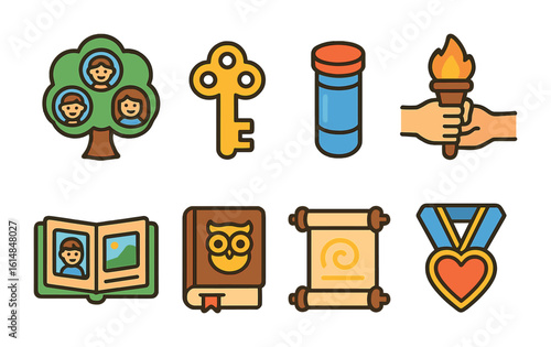 Legacy Icons Grid. Flat vector mini-illustrations legacy building in colors children's illustrations: family