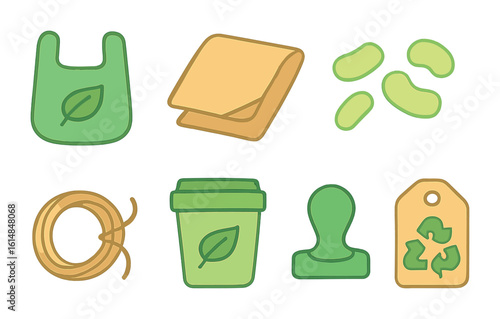 Eco-Friendly Packaging Icons. Flat vector mini-illustrations green packaging design in colors children's