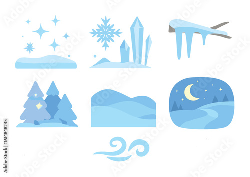 Magical Snowy Landscape Icons. Flat vector mini-illustrations magical snowy landscape in colors children's
