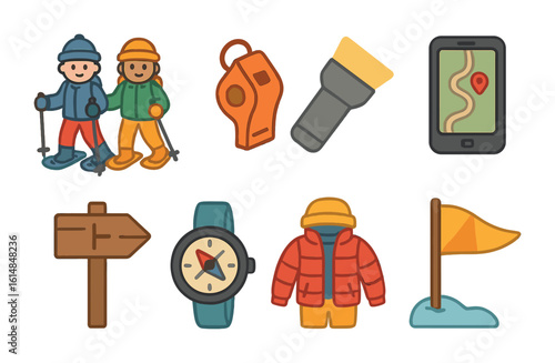Snowshoeing Safety Icons. Flat vector mini-illustrations snowshoeing safety tips in colors children's