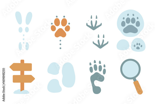 Animal Tracks in Snow. Flat vector mini-illustrations animal footprints in the snow in colors children's