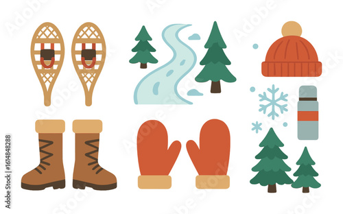 Winter Wonderland Icons. Flat vector mini-illustrations snowshoeing in a winter wonderland in colors