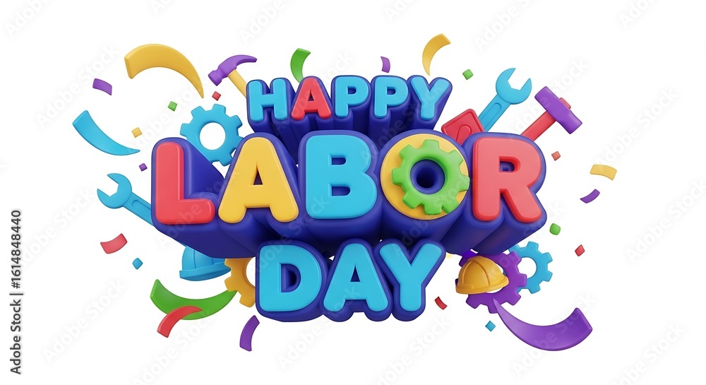Fototapeta premium Happy Labor Day 3D text celebration with colorful tools, gears, and confetti on a white background. Festive typography for the holiday.