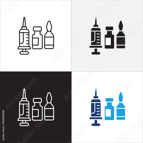 Syringe and bottle ampoule icon. Syringe and vaccine icon. Medical shot symbol.