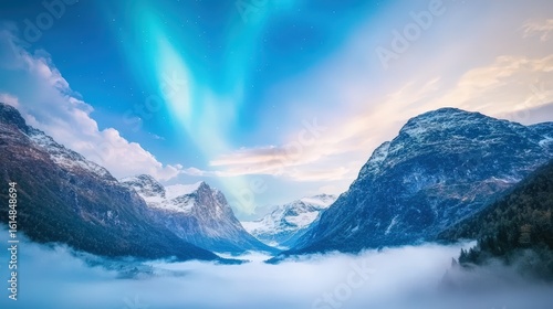 Wallpaper Mural Northern lights flowing gracefully over a misty valley, adding mystery and allure, Torontodigital.ca