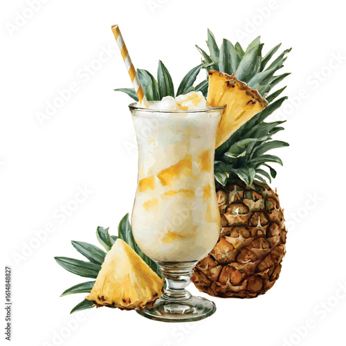 Watercolor Piña Colada with Pineapple Slices and Leaves tropical drink cocktail