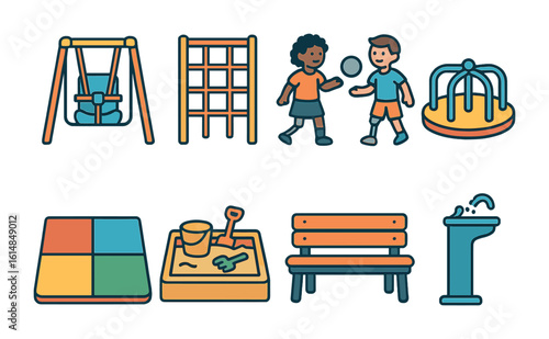Inclusive Playground Fun. Flat vector mini-illustrations inclusive playground with prosthetics in colors