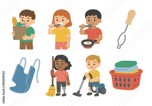 Adaptive Tools for Kids. Flat vector mini-illustrations prosthetics and daily chores in colors children's
